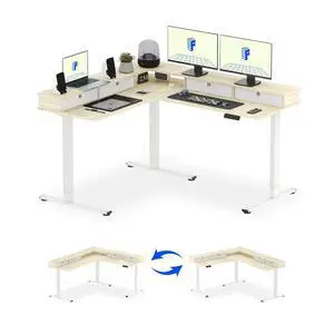 63" L Shaped Standing Desk with Shelf Electric Corner Table, Drawers, Adjustable Computer Workstation for Home, Office, 63x55in, Light Maple Top + White Frame 63" L Shaped Standing Desk with Shelf Electric Corner Table, Drawers, Adjustable Computer Workstation for Home, Office, 63x55in, Light Maple Top + White Frame