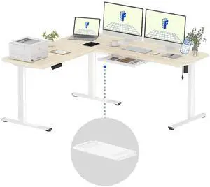 L Shaped Standing Desk, 71 x 63 Inch Electric Height Adjustable Corner Desk, Sit Stand Computer Workstation, Preset Controller, Home Office, White Frame with Maple Top, White Drawer L Shaped Standing Desk, 71 x 63 Inch Electric Height Adjustable Corner Desk, Sit Stand Computer Workstation, Preset Controller, Home Office, White Frame with Maple Top, White Drawer