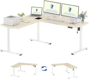 L Shaped Standing Desk, 71 x 63 Inch Electric Height Adjustable Corner Desk, Sit Stand Computer Workstation, Preset Controller, Home Office, White Frame with Maple Top L Shaped Standing Desk, 71 x 63 Inch Electric Height Adjustable Corner Desk, Sit Stand Computer Workstation, Preset Controller, Home Office, White Frame with Maple Top