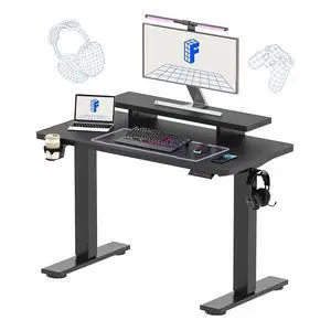 Standing Desk with Monitor Stand, 48 x 24 Inches One-Piece Electric Height Adjustable Computer Desk with Cup Holder for Home Office, Black Standing Desk with Monitor Stand, 48 x 24 Inches One-Piece Electric Height Adjustable Computer Desk with Cup Holder for Home Office, Black