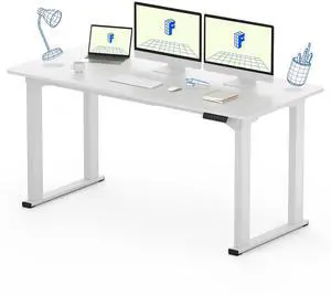 4 Legs Standing Desk 63 x 28 Inch Electric Adjustable Height Desk with Splice Board Home Office Sit Stand Up Desk, White Top + White Frame 4 Legs Standing Desk 63 x 28 Inch Electric Adjustable Height Desk with Splice Board Home Office Sit Stand Up Desk, White Top + White Frame