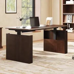 WoodiX Solid Wood Executive Standing Desk, 63 x 30 Inch Mid-Century Modern Sit-Stand Workstation with Sculpted Fluted H-Frame, Dual Motor & 220 LBS, Walnut WoodiX Solid Wood Executive Standing Desk, 63 x 30 Inch Mid-Century Modern Sit-Stand Workstation with Sculpted Fluted H-Frame, Dual Motor & 220 LBS, Walnut