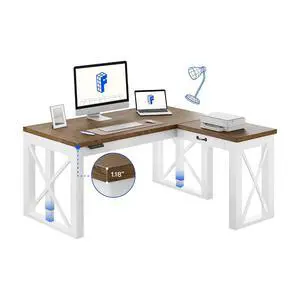L-Shaped Executive Standing Desk, 55 x48 Inches Electric Height Adjustable Desk with Memory Controller, 242LBS, Corner Desk for Home Office Workstation, Modern Farmhouse & Cherry L-Shaped Executive Standing Desk, 55 x48 Inches Electric Height Adjustable Desk with Memory Controller, 242LBS, Corner Desk for Home Office Workstation, Modern Farmhouse & Cherry