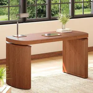 Executive Standing Desk with Drawer, 55 x 24 Inch Sit-Stand Workstation with Hidden Storage and Wireless Charging, Fluted Japandi Design, Brown Executive Standing Desk with Drawer, 55 x 24 Inch Sit-Stand Workstation with Hidden Storage and Wireless Charging, Fluted Japandi Design, Brown