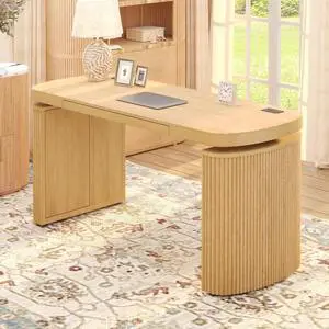 Executive Standing Desk with Drawer, 55 x 24 Inch Sit-Stand Workstation with Hidden Storage and Wireless Charging, Fluted Japandi Design, Natural Executive Standing Desk with Drawer, 55 x 24 Inch Sit-Stand Workstation with Hidden Storage and Wireless Charging, Fluted Japandi Design, Natural