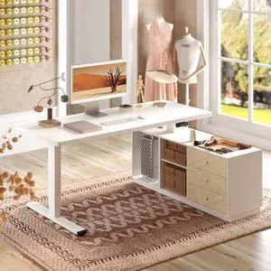 55" L Shaped Standing Desk with Storage & CPU Holder, Dual Motor Height Adjustable Executive Desk, 222 LBS Capacity, 1" Thick Desktop for Home Office, White, 3 Packages 55" L Shaped Standing Desk with Storage & CPU Holder, Dual Motor Height Adjustable Executive Desk, 222 LBS Capacity, 1" Thick Desktop for Home Office, White, 3 Packages