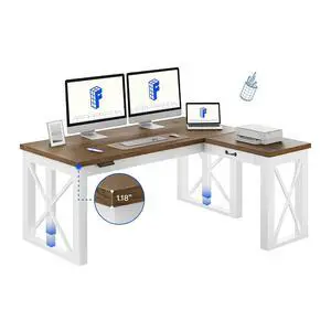 L-Shaped Executive Standing Desk, 62 x48 Inches Electric Height Adjustable Desk with Memory Controller, 242LBS, Corner Desk for Home Office Workstation, Modern Farmhouse & Cherry L-Shaped Executive Standing Desk, 62 x48 Inches Electric Height Adjustable Desk with Memory Controller, 242LBS, Corner Desk for Home Office Workstation, Modern Farmhouse & Cherry