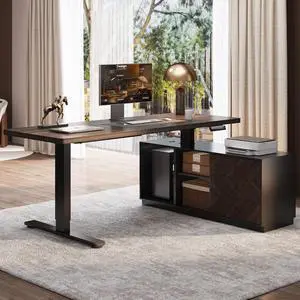 71" L Shaped Standing Desk with Storage & CPU Holder, Dual Motor Height Adjustable Executive Desk, 222 LBS Capacity, 1" Thick Desktop for Home Office, Black Walnut, 3 Packages 71" L Shaped Standing Desk with Storage & CPU Holder, Dual Motor Height Adjustable Executive Desk, 222 LBS Capacity, 1" Thick Desktop for Home Office, Black Walnut, 3 Packages