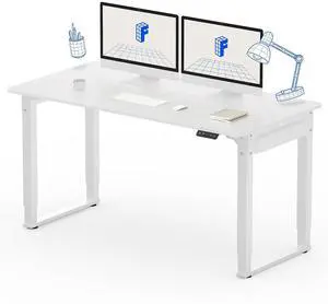 4 Legs Standing Desk 55 x 28 Inch Electric Adjustable Height with Splice Board Home Office Sit Stand Up Desk, White Top + White Frame 4 Legs Standing Desk 55 x 28 Inch Electric Adjustable Height with Splice Board Home Office Sit Stand Up Desk, White Top + White Frame