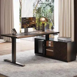 55" L Shaped Standing Desk with Storage & CPU Holder, Dual Motor Height Adjustable Executive Desk, 222 LBS Capacity, 1" Thick Desktop for Home Office, Black Walnut, 3 Packages 55" L Shaped Standing Desk with Storage & CPU Holder, Dual Motor Height Adjustable Executive Desk, 222 LBS Capacity, 1" Thick Desktop for Home Office, Black Walnut, 3 Packages