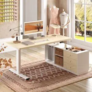 55" L Shaped Standing Desk with Storage & CPU Holder, Dual Motor Height Adjustable Executive Desk, 222 LBS Capacity, 1" Thick Desktop for Home Office, White Wood Grain, 3 Packages 55" L Shaped Standing Desk with Storage & CPU Holder, Dual Motor Height Adjustable Executive Desk, 222 LBS Capacity, 1" Thick Desktop for Home Office, White Wood Grain, 3 Packages