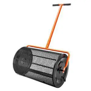 Compost Spreader, 24.4-25.6" Height Adjustable Handle, 24" Wide, Lawn and Garden Peat Moss Roller with Side Latches, Powder Coated Steel Mesh Basket for Spreading Manure, Topsoil, Black Compost Spreader, 24.4-25.6" Height Adjustable Handle, 24" Wide, Lawn and Garden Peat Moss Roller with Side Latches, Powder Coated Steel Mesh Basket for Spreading Manure, Topsoil, Black