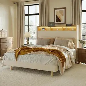 Queen Platform Bed Frame with 51" Tall Upholstered Corduroy Headboard, Two-Tier Storage Shelves, LED Light & Charging Station, Remote Pocket, No Box Spring Needed,1100Ibs Heavy-Duty, Beige Queen Platform Bed Frame with 51" Tall Upholstered Corduroy Headboard, Two-Tier Storage Shelves, LED Light & Charging Station, Remote Pocket, No Box Spring Needed,1100Ibs Heavy-Duty, Beige