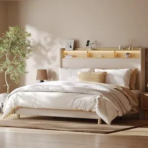 51 King Bed Frame with LED Lights, Charging Station & Storage Shelf, Elegant Corduroy Upholstered Platform Bed with Tall Wingback Headboard, No Box Spring Needed, Beige 51 King Bed Frame with LED Lights, Charging Station & Storage Shelf, Elegant Corduroy Upholstered Platform Bed with Tall Wingback Headboard, No Box Spring Needed, Beige