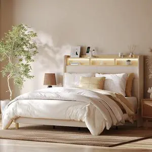 51 Queen Bed Frame with LED Lights, Charging Station & Storage Shelf, Elegant Corduroy Upholstered Platform Bed with Tall Wingback Headboard, No Box Spring Needed, Beige 51 Queen Bed Frame with LED Lights, Charging Station & Storage Shelf, Elegant Corduroy Upholstered Platform Bed with Tall Wingback Headboard, No Box Spring Needed, Beige