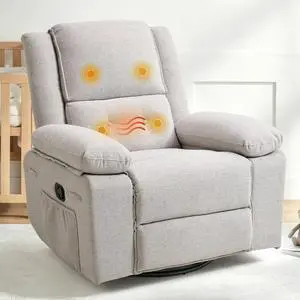 Swivel Rocker Recliner for Adults, Manual Reclining Chair with Massage & Heat, Side Pocket, Compact Nursery Glider Recliner for Living Room, Bedroom or Apartment, Light Grey Swivel Rocker Recliner for Adults, Manual Reclining Chair with Massage & Heat, Side Pocket, Compact Nursery Glider Recliner for Living Room, Bedroom or Apartment, Light Grey