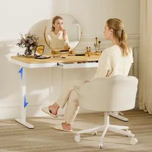 Electric Standing Makeup Vanity Desk with Drawer and USB Charge Ports&Child Lock, 55 Height Adjustable Whole-Piece Quick Install Dressing Table for Women Girls Bedroom Dressing Room, Maple Electric Standing Makeup Vanity Desk with Drawer and USB Charge Ports&Child Lock, 55 Height Adjustable Whole-Piece Quick Install Dressing Table for Women Girls Bedroom Dressing Room, Maple