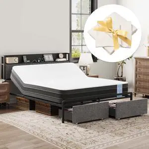 Queen Adjustable Bed + 10" Cooling Gel Memory Foam Mattress, Storage Headboard, Charging Station, LED Light, Drawers, Quiet DC Motor, Easy Assembly Bonus 4-Piece Queen Sheet Set Included Queen Adjustable Bed + 10" Cooling Gel Memory Foam Mattress, Storage Headboard, Charging Station, LED Light, Drawers, Quiet DC Motor, Easy Assembly Bonus 4-Piece Queen Sheet Set Included