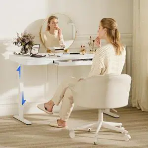 Electric Standing Makeup Vanity Desk with Drawer and USB Charge Ports&Child Lock, 48 Height Adjustable Whole-Piece Quick Install Dressing Table for Women Girls Bedroom Dressing Room, White Electric Standing Makeup Vanity Desk with Drawer and USB Charge Ports&Child Lock, 48 Height Adjustable Whole-Piece Quick Install Dressing Table for Women Girls Bedroom Dressing Room, White
