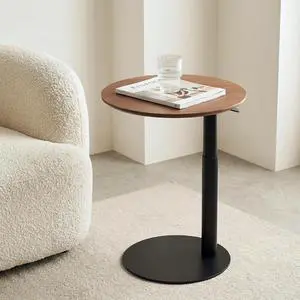 Adjustable Side Table, Round End Table for Couch & Bed, Stable & Space-Saving Bed Side Table with Effortless One-Hand Height Adjustment, Natural Walnut Veneer, Low-Profile Steel Base Adjustable Side Table, Round End Table for Couch & Bed, Stable & Space-Saving Bed Side Table with Effortless One-Hand Height Adjustment, Natural Walnut Veneer, Low-Profile Steel Base
