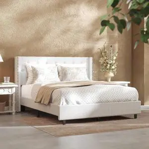 Queen Size Bed Frame, Upholstered in Natural Linen, Platform Bed with Wingback Headboard, Luxury Diamond Tufting, Heavy-Duty Wooden Slats, No Squeaking, No Box Spring Needed, White Queen Size Bed Frame, Upholstered in Natural Linen, Platform Bed with Wingback Headboard, Luxury Diamond Tufting, Heavy-Duty Wooden Slats, No Squeaking, No Box Spring Needed, White