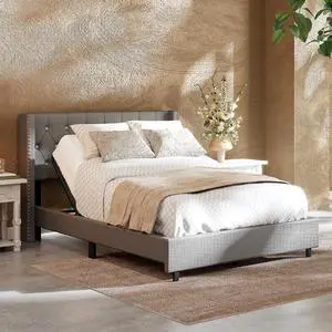 Queen Size Upholstered Adjustable Bed Wingback Tufted Headboard, Head Incline, Sturdy Wooden Slats, 700 lbs Capacity, No Box Spring Needed, Easy Assembly, Grey Queen Size Upholstered Adjustable Bed Wingback Tufted Headboard, Head Incline, Sturdy Wooden Slats, 700 lbs Capacity, No Box Spring Needed, Easy Assembly, Grey