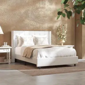 Full Size Bed Frame, Upholstered in Natural Linen, Platform Bed with Wingback Headboard, Luxury Diamond Tufting, Heavy-Duty Wooden Slats, No Squeaking, No Box Spring Needed, White Full Size Bed Frame, Upholstered in Natural Linen, Platform Bed with Wingback Headboard, Luxury Diamond Tufting, Heavy-Duty Wooden Slats, No Squeaking, No Box Spring Needed, White