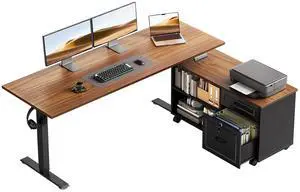 55 Inch L Shaped Electric Standing Desk with Drawers & File Cabinet Sets, Executive Sit Stand Desk, Height Adjustable Computer Desk for Home Office, Writing, Workstation, Walnut+Black 55 Inch L Shaped Electric Standing Desk with Drawers & File Cabinet Sets, Executive Sit Stand Desk, Height Adjustable Computer Desk for Home Office, Writing, Workstation, Walnut+Black