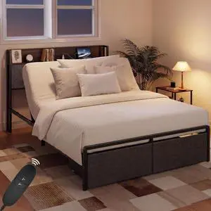 Queen Adjustable Bed Frame with Storage Headboard and Charging Station, Power Head Lift with 2 Footboard Drawers, Upholstered Metal Frame, No Box Spring Needed Queen Adjustable Bed Frame with Storage Headboard and Charging Station, Power Head Lift with 2 Footboard Drawers, Upholstered Metal Frame, No Box Spring Needed