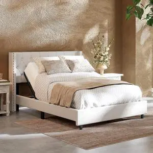 Queen Size Upholstered Adjustable Bed Wingback Tufted Headboard, Head Incline, Sturdy Wooden Slats, 700 lbs Capacity, No Box Spring Needed, Easy Assembly, White Queen Size Upholstered Adjustable Bed Wingback Tufted Headboard, Head Incline, Sturdy Wooden Slats, 700 lbs Capacity, No Box Spring Needed, Easy Assembly, White