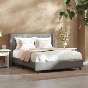 Queen Size Bed Frame, Upholstered in Natural Linen, Platform Bed with Wingback Headboard, Luxury Diamond Tufting, Heavy-Duty Wooden Slats, No Squeaking, No Box Spring Needed, Grey Queen Size Bed Frame, Upholstered in Natural Linen, Platform Bed with Wingback Headboard, Luxury Diamond Tufting, Heavy-Duty Wooden Slats, No Squeaking, No Box Spring Needed, Grey