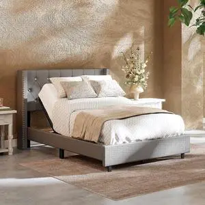 Full Size Upholstered Adjustable Bed Wingback Tufted Headboard, Head Incline, Sturdy Wooden Slats, 700 lbs Capacity, No Box Spring Needed, Easy Assembly, Grey Full Size Upholstered Adjustable Bed Wingback Tufted Headboard, Head Incline, Sturdy Wooden Slats, 700 lbs Capacity, No Box Spring Needed, Easy Assembly, Grey