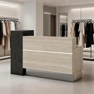 Reception Desk with 2 Locking Drawers, Modern Front Desk Counter with Open Storage Shelves & Cable Grommet, Privacy Counter Design, Travertine-Look with Black Stone Accent (63 in) Reception Desk with 2 Locking Drawers, Modern Front Desk Counter with Open Storage Shelves & Cable Grommet, Privacy Counter Design, Travertine-Look with Black Stone Accent (63 in)