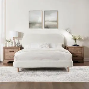 Queen Size Boucle Bed Frame, Upholstered Cloud Platform Bed with Adjustable Headboard, Plush Padding, Solid Wood Legs, Bonus LED Wall Light, No Box Spring Needed, Easy Assembly, White Queen Size Boucle Bed Frame, Upholstered Cloud Platform Bed with Adjustable Headboard, Plush Padding, Solid Wood Legs, Bonus LED Wall Light, No Box Spring Needed, Easy Assembly, White