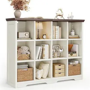 12 Cube Organizer Bookcase, Modern Farmhouse Open Shelf for Storage Bins & Decor, Display Bookshelf Console Closet for Living Room, Bedroom, Home Office, Walnut+White 12 Cube Organizer Bookcase, Modern Farmhouse Open Shelf for Storage Bins & Decor, Display Bookshelf Console Closet for Living Room, Bedroom, Home Office, Walnut+White