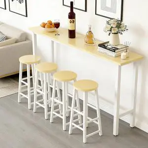 Bar Table with 4 Stools, 5-Piece Bar Table and Chairs Set with Sturdy Steel Frame for Kitchen, Cafe, Dining Room, Apartment (White & Maple) Bar Table with 4 Stools, 5-Piece Bar Table and Chairs Set with Sturdy Steel Frame for Kitchen, Cafe, Dining Room, Apartment (White & Maple)