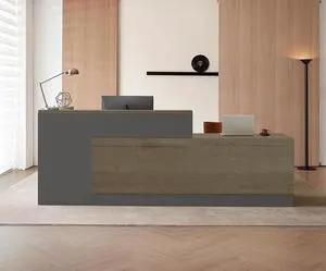 Modern L-Shaped Reception Desk with Counter - 79 Inches Front Desk with Storage Cabinet, Open Shelves, Lockable Drawer & Keyboard Tray for Office, Lobby, Checkout (Tobacco Wood & Iron Gray - Right) Modern L-Shaped Reception Desk with Counter - 79 Inches Front Desk with Storage Cabinet, Open Shelves, Lockable Drawer & Keyboard Tray for Office, Lobby, Checkout (Tobacco Wood & Iron Gray - Right)