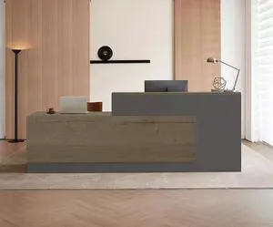 Modern L-Shaped Reception Desk with Counter - 63 Inches Front Desk with Storage Cabinet, Open Shelves, Lockable Drawer & Keyboard Tray for Office, Lobby, Checkout (Tobacco Wood & Iron Gray - Left) Modern L-Shaped Reception Desk with Counter - 63 Inches Front Desk with Storage Cabinet, Open Shelves, Lockable Drawer & Keyboard Tray for Office, Lobby, Checkout (Tobacco Wood & Iron Gray - Left)