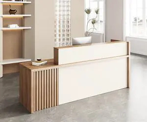 94" L-Shaped Reception Desk with Counter Front Desk Reception Counter with Lockable Drawer, Storage Cabinet & Cable Grommet for Office, Lobby, Checkout (Walnut & Cream White) 94" L-Shaped Reception Desk with Counter Front Desk Reception Counter with Lockable Drawer, Storage Cabinet & Cable Grommet for Office, Lobby, Checkout (Walnut & Cream White)