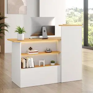 47" Small Reception Desk with LED Lighting, Front Desk Counter with Open Shelving, Lockable Drawer, Enclosed Cabinet for Salon, Retail, Office (Left) 47" Small Reception Desk with LED Lighting, Front Desk Counter with Open Shelving, Lockable Drawer, Enclosed Cabinet for Salon, Retail, Office (Left)