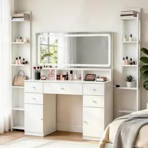 45.3" Makeup Vanity Desk with LED Lighted Mirror & Charging Station, White Vanity Table Set with 5 Drawers & 2 Storage Cabinets, 6-Tier Shelves & Hairdryer Rack, Modern Bedroom Dressing Table-White 45.3" Makeup Vanity Desk with LED Lighted Mirror & Charging Station, White Vanity Table Set with 5 Drawers & 2 Storage Cabinets, 6-Tier Shelves & Hairdryer Rack, Modern Bedroom Dressing Table-White