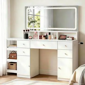 54.7" Makeup Vanity Desk with LED Lighted Mirror & Charging Station, White Vanity Table Set with 5 Drawers & 2 Storage Cabinets, 3-Tier Shelf & Hairdryer Rack, Modern Bedroom Dressing Table-White 54.7" Makeup Vanity Desk with LED Lighted Mirror & Charging Station, White Vanity Table Set with 5 Drawers & 2 Storage Cabinets, 3-Tier Shelf & Hairdryer Rack, Modern Bedroom Dressing Table-White