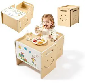 Montessori Weaning Table and Chair Set, Wooden, Kids Table and Chair Set for Toddlers 1-5, Step Stool with Whiteboard and 3 Heights Adjustable, Easy to Clean, for Eating Drawing Reading Playing Montessori Weaning Table and Chair Set, Wooden, Kids Table and Chair Set for Toddlers 1-5, Step Stool with Whiteboard and 3 Heights Adjustable, Easy to Clean, for Eating Drawing Reading Playing