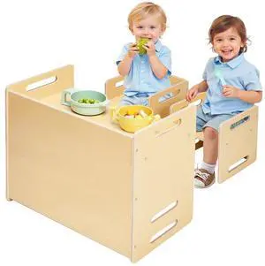 Montessori Weaning Table and Chair Set, Wooden Toddler Table and Chair Set with 2 Chairs, Adjustable Height Montessori Chair and Activity Table, Ideal for Reading, Eating, Playing - Natural Montessori Weaning Table and Chair Set, Wooden Toddler Table and Chair Set with 2 Chairs, Adjustable Height Montessori Chair and Activity Table, Ideal for Reading, Eating, Playing - Natural