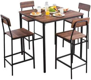 Bar Table and Chairs Set, 5PCS 35 Bars Tables Set with Rounded Edge Design, Square Pub Table with Four Stools for Living Room, Dining Room, Kitchen, Walnut Color, Black Bar Table and Chairs Set, 5PCS 35 Bars Tables Set with Rounded Edge Design, Square Pub Table with Four Stools for Living Room, Dining Room, Kitchen, Walnut Color, Black