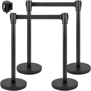 Crowd Control Stanchion, Set of 4 Pieces Stanchion Set, Stanchion Set with 6.6 ft/2 m Black Retractable Belt, Black Crowd Control Barrier w/Concrete and Metal Base - Easy Connect Assembly Crowd Control Stanchion, Set of 4 Pieces Stanchion Set, Stanchion Set with 6.6 ft/2 m Black Retractable Belt, Black Crowd Control Barrier w/Concrete and Metal Base - Easy Connect Assembly