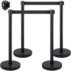 Crowd Control Stanchion Set, Stanchion Set with 6.6 ft/2 m Black Retractable Belt, Black Crowd Control Barrier w/Concrete and Metal Base - Easy Connect Assembly (4) Crowd Control Stanchion Set, Stanchion Set with 6.6 ft/2 m Black Retractable Belt, Black Crowd Control Barrier w/Concrete and Metal Base - Easy Connect Assembly (4)