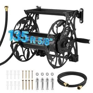 Wall Mounted Garden Hose Reel, Holds 135 Feet of 5/8-inch Hose, Outdoor Heavy-Duty Waterhose Holder Winder, with Widened Top Tray, Aluminum Alloy Connector, Decorative Pattern, for Backyards Wall Mounted Garden Hose Reel, Holds 135 Feet of 5/8-inch Hose, Outdoor Heavy-Duty Waterhose Holder Winder, with Widened Top Tray, Aluminum Alloy Connector, Decorative Pattern, for Backyards