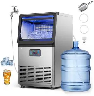 Commercial Ice Maker Machine, 90 lbs/24h with 13 lbs Storage Capacity, Dual Water Inlet Countertop/Freestanding/Under Counter, Stainless Steel Ice Maker with LED Display, for Home Bar Commercial Ice Maker Machine, 90 lbs/24h with 13 lbs Storage Capacity, Dual Water Inlet Countertop/Freestanding/Under Counter, Stainless Steel Ice Maker with LED Display, for Home Bar