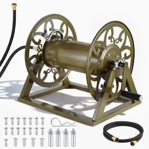 Wall Mounted Garden Hose Reel, Holds 200 Feet of 5/8-inch Hose, Outdoor Heavy-Duty Waterhose Holder Winder, with Brass Connector, Decorative Pattern, Bronze Finish, for Backyards and Gardens Wall Mounted Garden Hose Reel, Holds 200 Feet of 5/8-inch Hose, Outdoor Heavy-Duty Waterhose Holder Winder, with Brass Connector, Decorative Pattern, Bronze Finish, for Backyards and Gardens